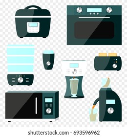 Set of kitchen appliances for quick and automatic cooking and drinks in flat style, isolated. Elements of design for business, web, advertising, banners. Vector illustration