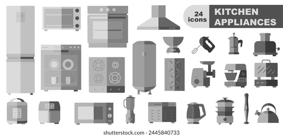 Eine Reihe von Küchengeräten mit einem Schatten. Ein einfaches Set von farbigen Küchengeräten. Vektor-Icons.