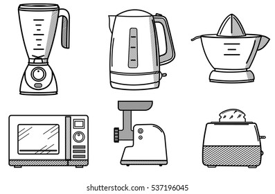 Set of kitchen appliances in the style of line art.