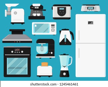 Set of kitchen appliances. Various household equipment. Electronic devices. Modern technology theme. Colorful vector icons in flat style isolated on blue background.