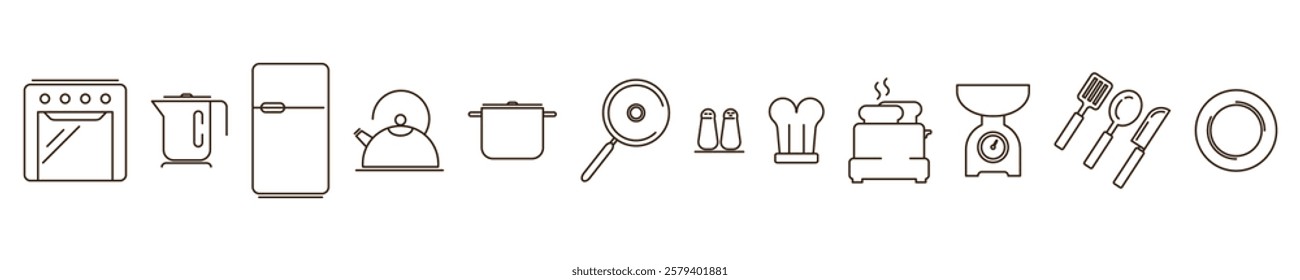 Set of kitchen appliances vector linear icons isolated on transparent background. Cooker, kettle, teapot, refrigerator, toaster, pot, frying pan, plate, fork, spoon, knife, kitchen scale icons