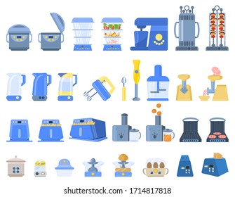 Set of kitchen appliances.Equipment needed for cooking food isolated on a white background.Vector illustration in flat style.Equipment for a cozy kitchen.Steamer, blender, fryer, toaster and more