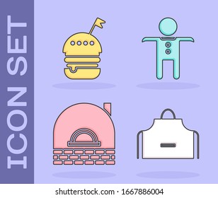 Set Kitchen apron , Burger , Brick stove  and Holiday gingerbread man cookie  icon. Vector