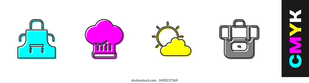 Set Kitchen apron, Chef hat, Sun and cloud weather and Hiking backpack icon. Vector