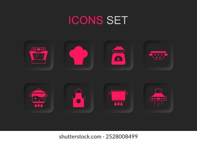 Set Kitchen apron, Chef hat, Oven, Cooking pot fire, colander, extractor fan, Scales and  icon. Vector