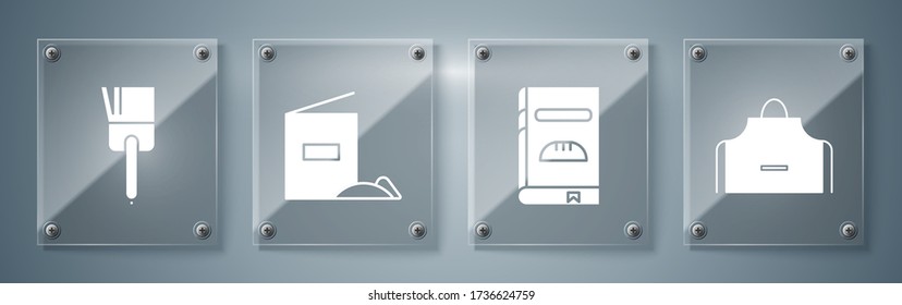 Set Kitchen apron , Cookbook , Paquete de harina y cepillo de cocina . Paneles de vidrio cuadrado. Vector