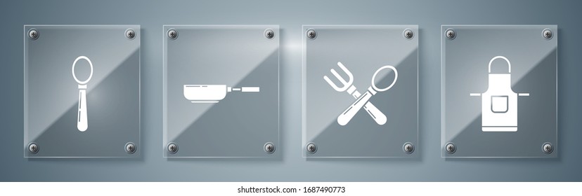 Kochschürze , Gabelschacht und Löffel , Bratpfanne und Löffel . Viereckige Glasplatten. Vektorillustration
