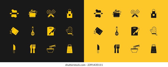 Set Kitchen apron, Crossed knife and fork, Cutting board, Asian noodles bowl, whisk, Spatula, Rolling pin dough and Cooking pot icon. Vector