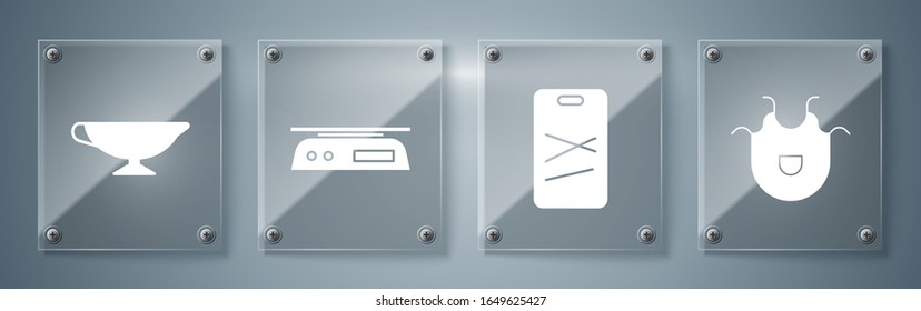 Set Kitchen apron, Cutting board, Electronic scales and Sauce boat. Square glass panels. Vector