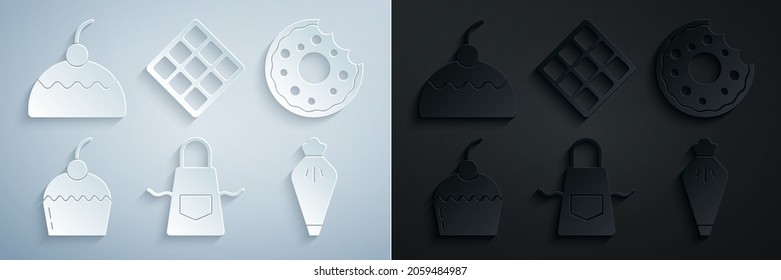 Set Kitchen apron, Donut, Cake, Pastry bag, Waffle and  icon. Vector