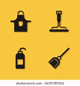 Set Kitchen apron, Dustpan, Antibacterial soap and Rubber cleaner for windows icon with long shadow. Vector