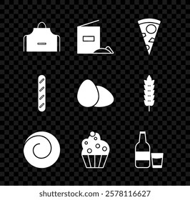 Set Kitchen apron, Flour pack, Slice of pizza, Roll bun with cinnamon, Cupcake, Glass bottle milk and glass, French baguette bread and Chicken egg icon. Vector