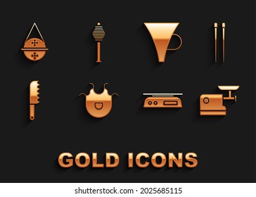 Set Kitchen apron, Food chopsticks, meat grinder, Electronic scales, Bread knife, Funnel or filter, Ball tea strainer and Honey dipper icon. Vector