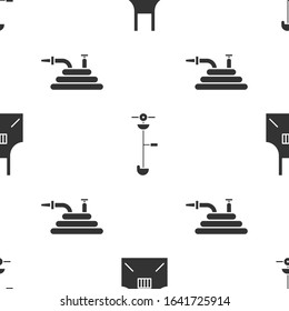 Set Kitchen apron, Grass and weed electric string trimmer and Garden hose or fire hose on seamless pattern. Vector