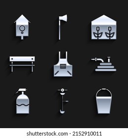 Set Kitchen apron, Grass and weed electric string trimmer, Bucket, Garden hose or fire hose, sprayer, Bench, Home greenhouse plants and Retro wall watch icon. Vector