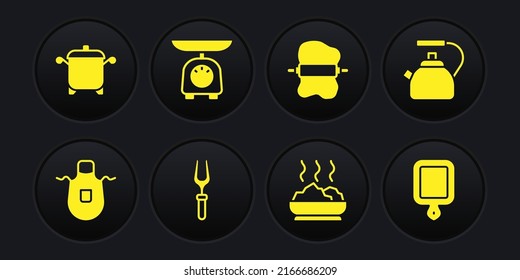 Set Kitchen apron, Kettle with handle, Barbecue fork, Bowl of hot soup, Rolling pin dough, Scales, Cutting board and Cooking pot icon. Vector
