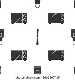 Set Kitchen apron , Knife  and Microwave oven  on seamless pattern. Vector