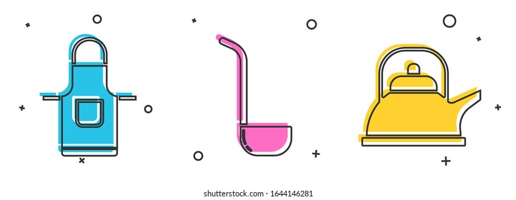 Set Kitchen apron , Kitchen ladle y Kettle con icono de mango. Vector