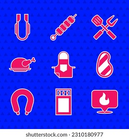 Set Kitchen apron, Matchbox and matches, Location with fire flame, Steak meat, Sausage, Roasted turkey or chicken, Crossed fork spatula and Meat tongs icon. Vector