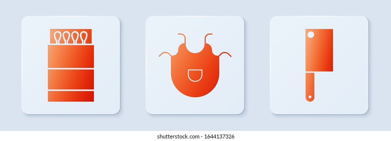 Set Kitchen apron, Open matchbox and matches and Meat chopper. White square button. Vector