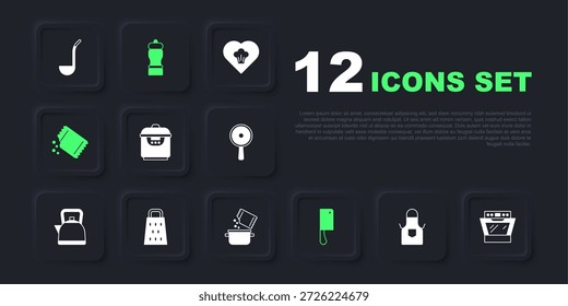 Set delantal de cocina, horno, olla de cocción lenta, picador de carne, paquete de pimienta, rallador, pimienta y olla de cocina y icono de especias. Vector