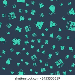 Set Kitchen apron, Pear, Butterfly and Home stereo with two speakers on seamless pattern. Vector