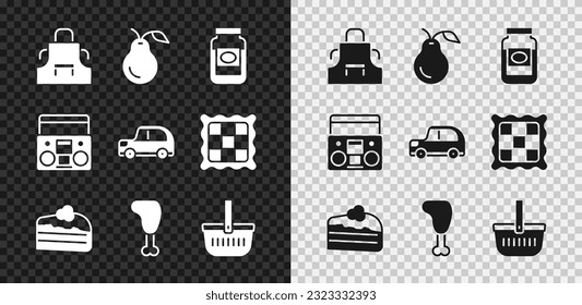 Set Kitchen apron, Pear, Jam jar, Piece of cake, Chicken leg, Picnic basket, Home stereo with two speakers and Car icon. Vector