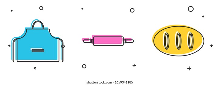 Set Kitchen apron , Rolling pin  and Bread loaf  icon. Vector