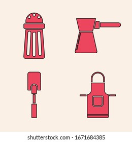 Set Kitchen apron , Salt , Coffee turk  and Spatula  icon. Vector