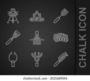 Set Kitchen apron, Sausage the fork, Meat chopper, Grilled pork bbq ribs, tongs, Spatula,  and Barbecue grill icon. Vector