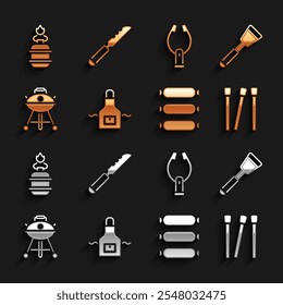 Set delantal de cocina, espátula, fósforos, salchichas, parrilla de barbacoa, pinzas de carne, estufa de gas de camping e icono de cuchillo de pan. Vector