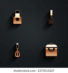 Set Kitchen apron, Spatula, whisk and Slow cooker icon with long shadow. Vector