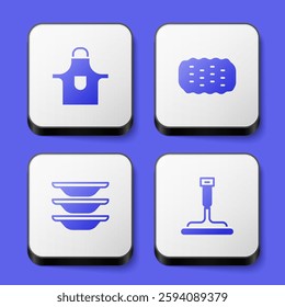 Set Kitchen apron, Sponge, Washing dishes and Rubber cleaner for windows icon. White square button. Vector