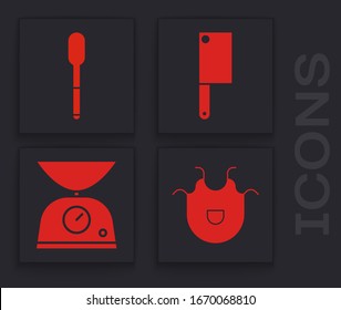 Icono Set Kitchen apron, Spoon, Chopper de carne y Scales. Vector
