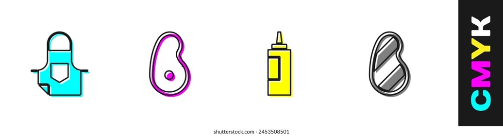 Set Kitchen apron, Steak meat, Sauce bottle and  icon. Vector