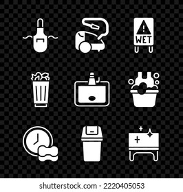 Set Kitchen apron, Vacuum cleaner, Wet floor, Washing dishes, Trash can, Clean table, Full trash and Washbasin icon. Vector
