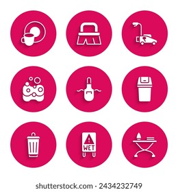 Set Kitchen apron, Wet floor, Iron and ironing board, Trash can, Sponge, Lawn mower and Washing dishes icon. Vector