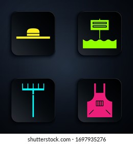 Set Kitchen apron, Worker hat, Garden rake and Blank wooden sign board. Black square button. Vector