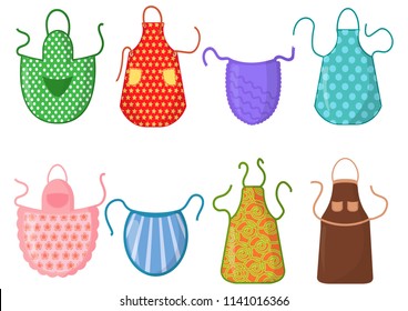 Set of kitchen aprons with patterns isolated on white background. Protective garment. Cooking dress for housewife or chef of restaurant. Vector illustration