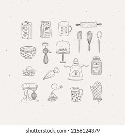 Set kitchen bakery stuff drawing in handmade graphic primitive casual style grey background 