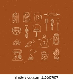 Set of kitchen bakery stuff drawing in handmade graphic primitive casual style on mustard background.