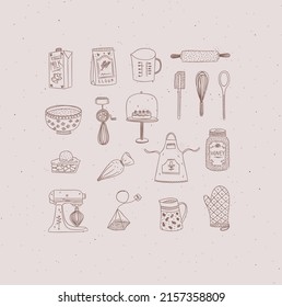 Set of kitchen bakery stuff drawing in handmade graphic primitive casual style on peach background.