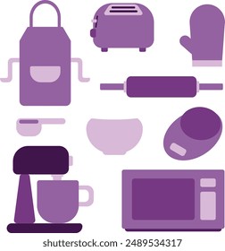 SET OF KITCHEN BAKING APPLIANCE UTENSILS APRON MICROWAVE BOWL OVEN GLOVES ROLLING PIN MIXER PURPLE