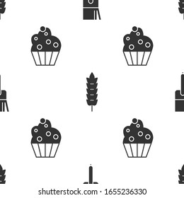 Set Kitchen brush , Cereals with rice, wheat, corn, oats, rye and Cupcake  on seamless pattern. Vector