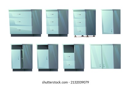 Set of kitchen cabinets with drawers. Floor and wall. With doors and niches. Cartoon style. Object isolated on white background. Vector.