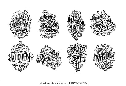 Set of kitchen cafe restaurant lettering posters, greeting cards, decoration, prints. Hand drawn typography design elements. Handwritten lettering. Modern ink brush calligraphy.