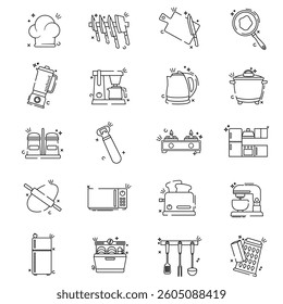 set of kitchen cartoon style icons, all related to cooking and kitchen items.