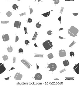 Set Kitchen colander, Kitchen apron, Cocina en olla y básculas electrónicas en un patrón impecable. Vector