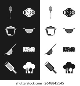 Set Kitchen colander, Cooking pot, whisk, soup, Sponge with bubbles, Chef hat fork spoon and Grater icon. Vector