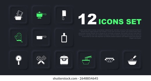 Set Kitchen colander, Cooking whisk with bowl, Frying pan, Asian noodles, Oven glove, Spatula, pot on fire and Slow cooker icon. Vector